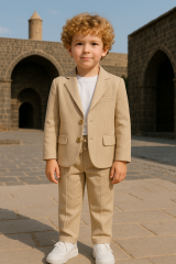 Erkek Çocuk Exclusive Cut Luxury Çizgili Takım Elbise Krem - 5 Yaş