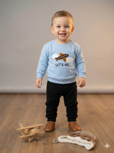 %100 Pamuk Erkek Bebek Nakışlı İkili Takım Sweatshirt Pantolon