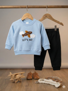 %100 Pamuk Erkek Bebek Nakışlı İkili Takım Sweatshirt Pantolon