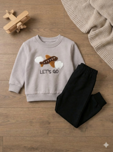 %100 Pamuk Erkek Bebek Nakışlı İkili Takım Sweatshirt Pantolon 12-18 Ay - Gri