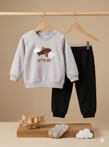 %100 Pamuk Erkek Bebek Nakışlı İkili Takım Sweatshirt Pantolon 12-18 Ay - Gri