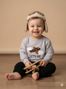 %100 Pamuk Erkek Bebek Nakışlı İkili Takım Sweatshirt Pantolon 12-18 Ay - Gri