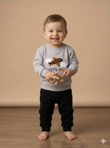 %100 Pamuk Erkek Bebek Nakışlı İkili Takım Sweatshirt Pantolon 12-18 Ay - Gri
