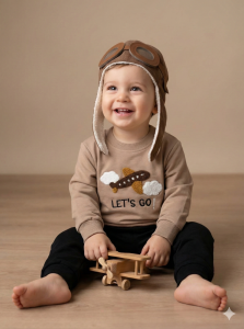 %100 Pamuk Erkek Bebek Nakışlı İkili Takım Sweatshirt Pantolon 9-12 Ay - Kahverengi
