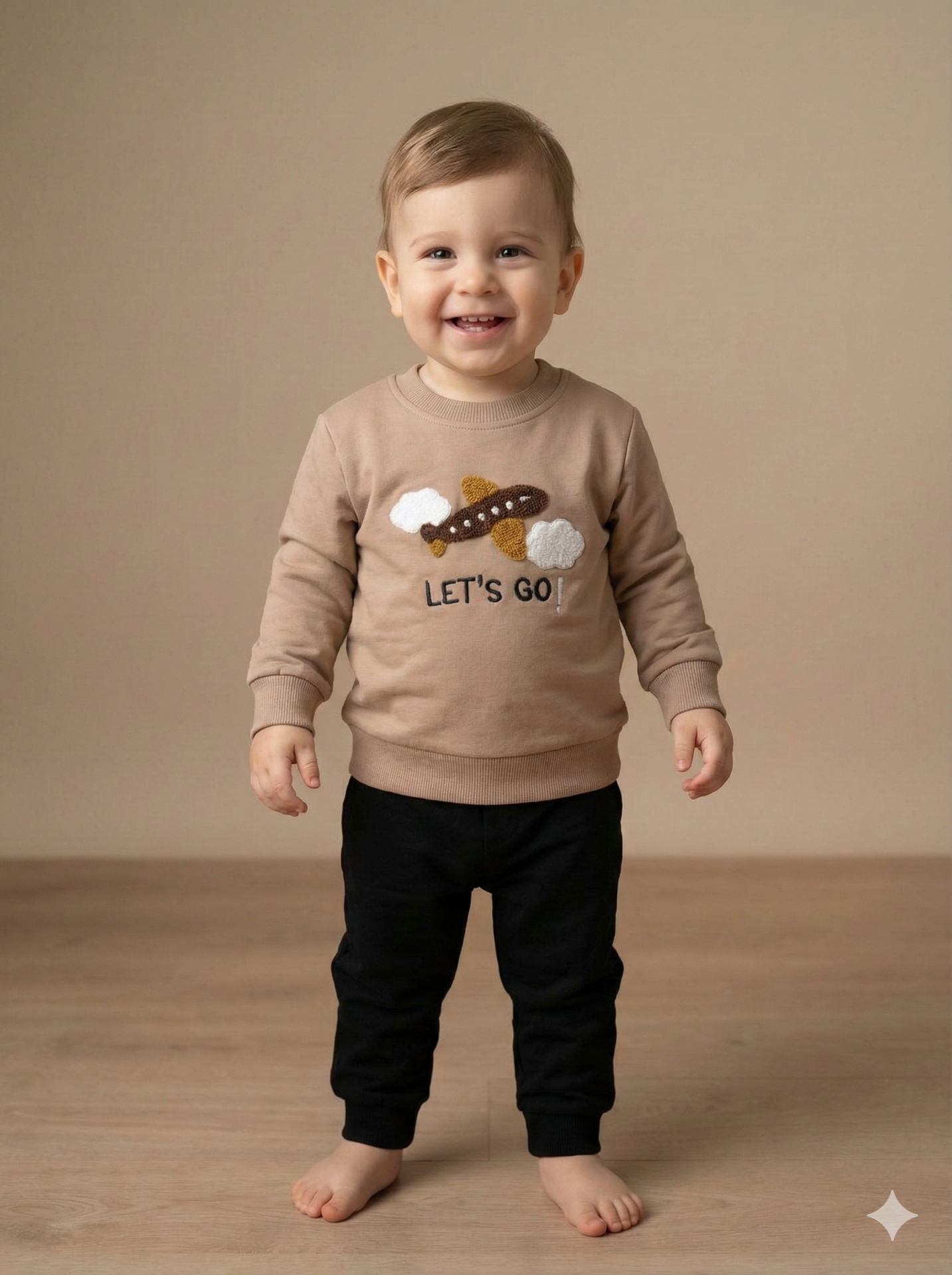 %100 Pamuk Erkek Bebek Nakışlı İkili Takım Sweatshirt Pantolon 9-12 Ay - Kahverengi