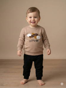 %100 Pamuk Erkek Bebek Nakışlı İkili Takım Sweatshirt Pantolon 9-12 Ay - Kahverengi
