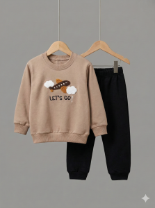 %100 Pamuk Erkek Bebek Nakışlı İkili Takım Sweatshirt Pantolon 9-12 Ay - Kahverengi