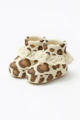 Fitilli Esnek Leopar Desenli Bebek Patiği Dantel Detaylı