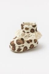Fitilli Esnek Leopar Desenli Bebek Patiği Dantel Detaylı