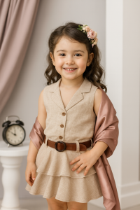 Kız Çocuk Linen Yelek Ve Etek Elbise 2'li Takım 3 Yaş - Krem