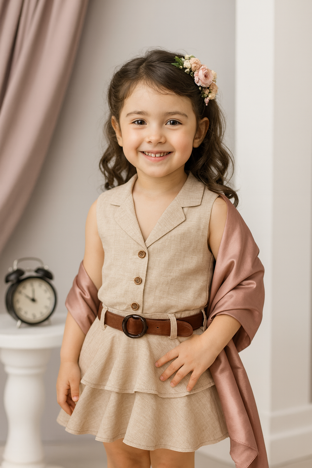 Kız Çocuk Linen Yelek Ve Etek Elbise 2'li Takım 9 Yaş - Krem