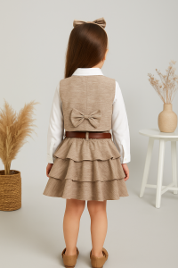 Kız Çocuk Linen Yelek Ve Etek Elbise 2'li Takım 8 Yaş - Vizon