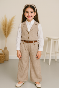 Kız Çocuk Keten Yelek ve Pantolon 2'li Takım