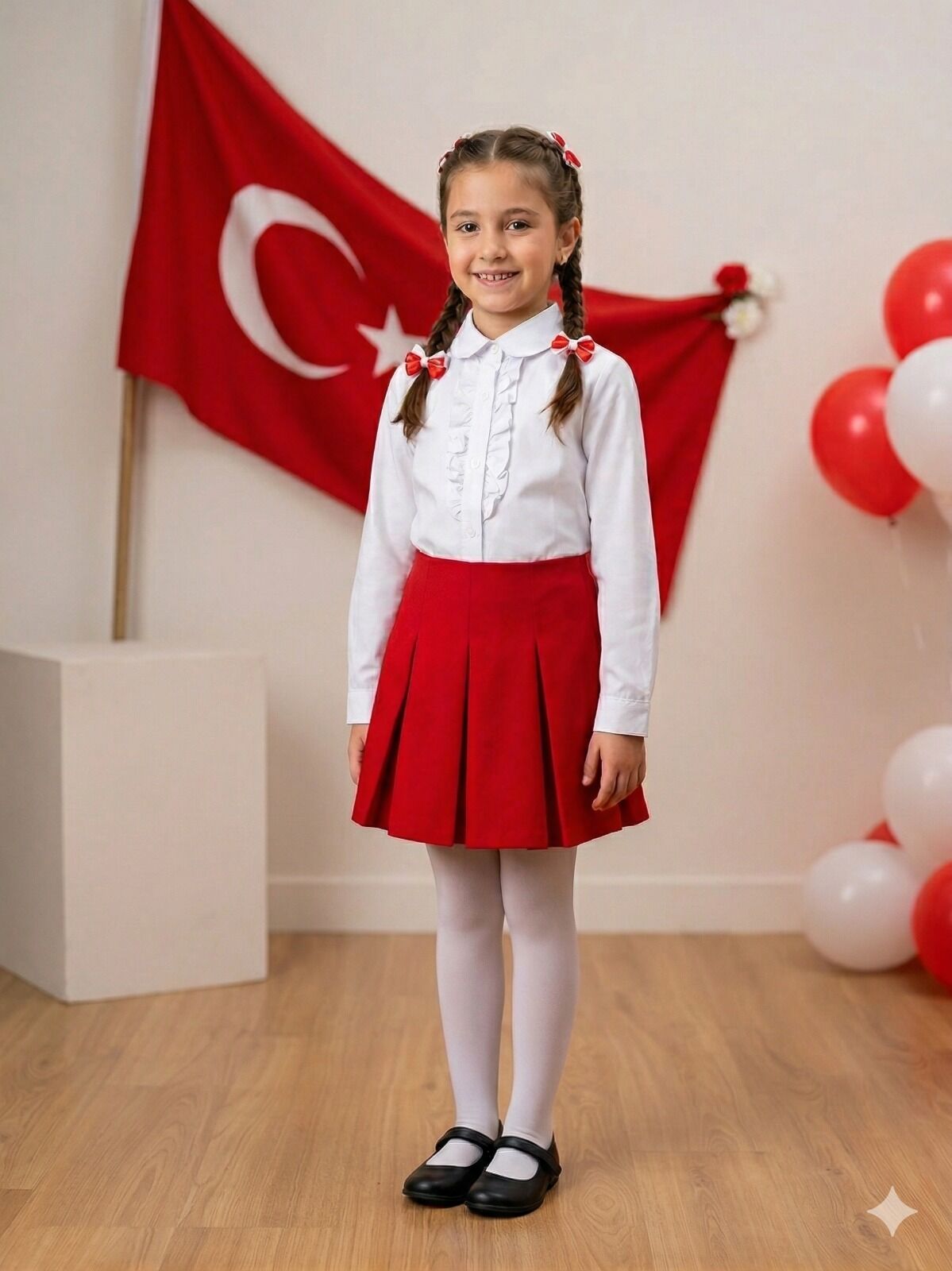 Kız Çocuk Kırmızı Beyaz 23 Nisan Gösteri Elbise Kombin Alt Üst Takım (Külotlu Çorap Hediyeli)