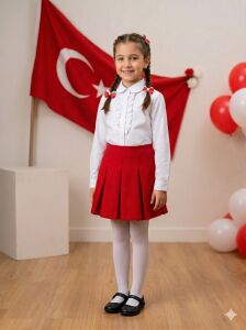 Kız Çocuk Kırmızı Beyaz 23 Nisan Gösteri Elbise Kombin Alt Üst Takım (Külotlu Çorap Hediyeli)