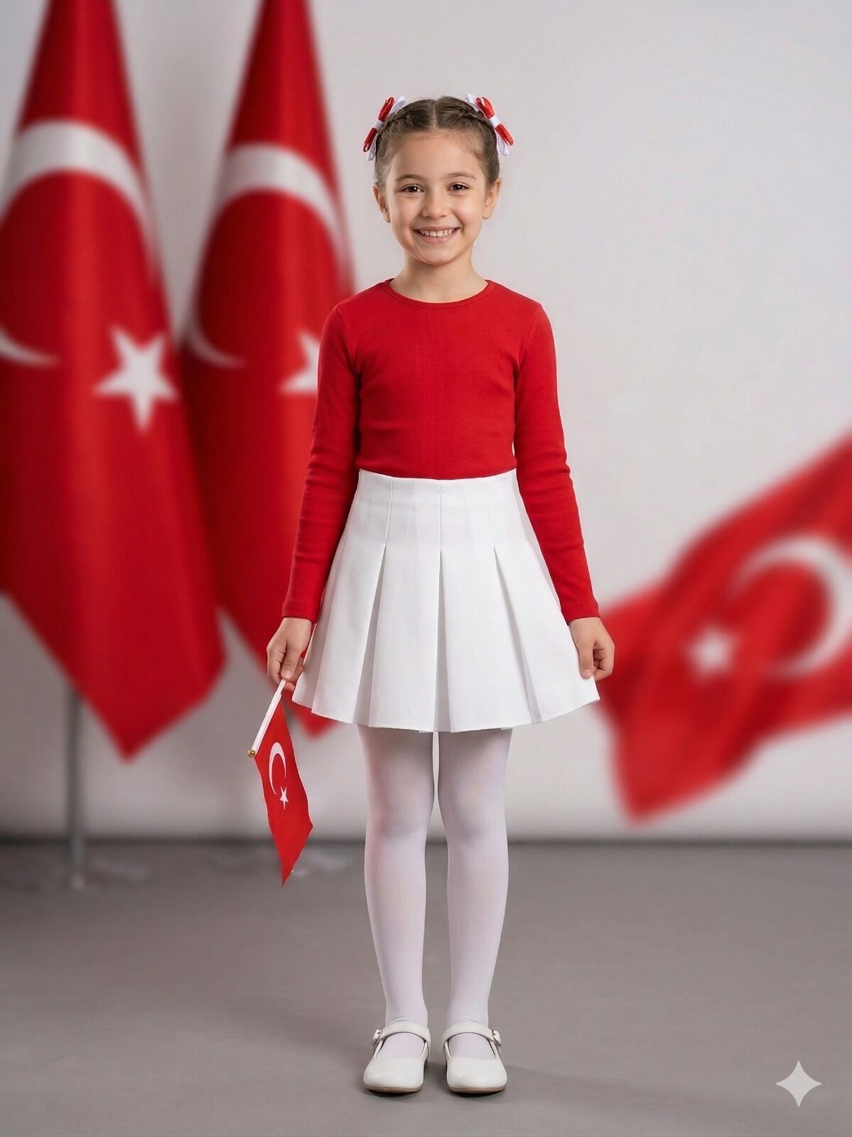 Kız Çocuk Kırmızı Beyaz 23 Nisan Gösteri Elbise Kombin Alt Üst Takım (Külotlu Çorap Hediyeli)