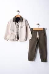 Erkek Çocuk Gabardin Ceket Ve Jogger Pantolon %100 Pamuk 3'lü Takım Elbise 3 Yaş - Haki
