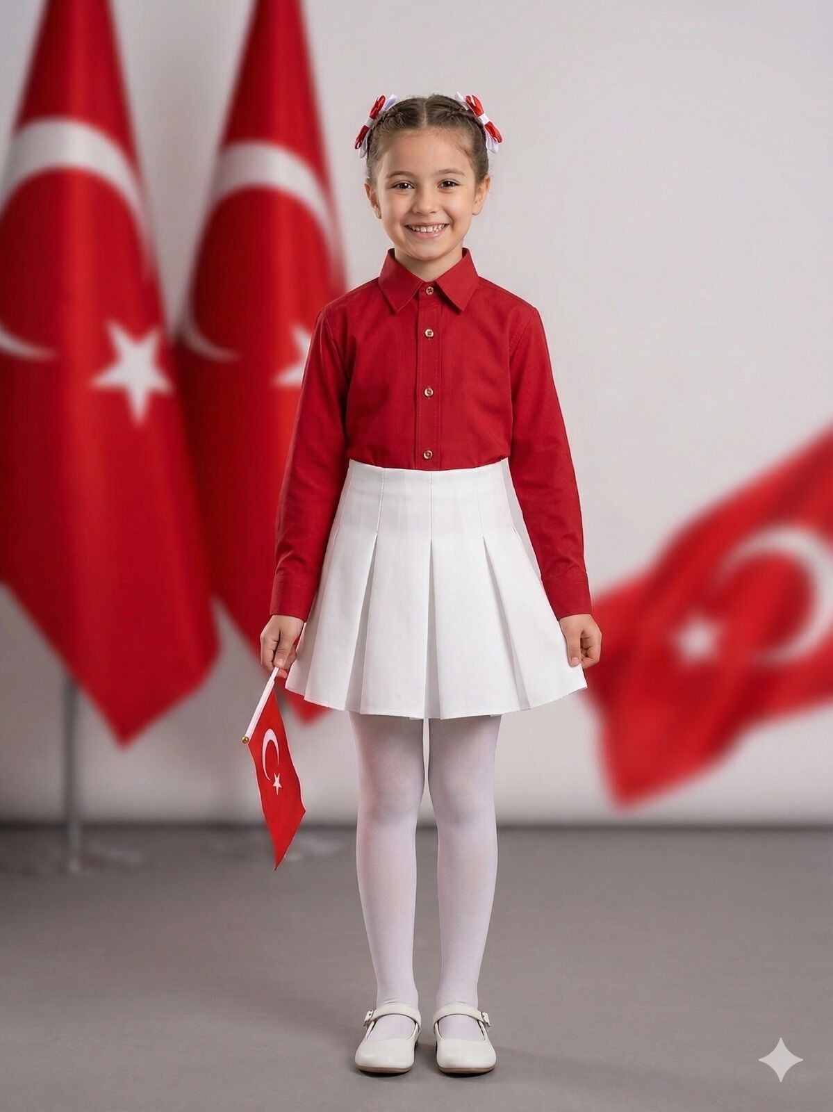Kız Çocuk Kırmızı Beyaz 23 Nisan Gösteri Elbise Kombin Alt Üst Takım (Külotlu Çorap Hediyeli)