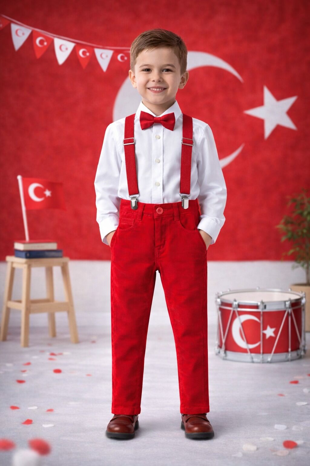 Erkek Çocuk Salopet Takım Elbise 23 Nisan Gösteri Kıyafeti 5 Yaş - Beyaz - Kırmızı