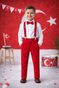 Erkek Çocuk Salopet Takım Elbise 23 Nisan Gösteri Kıyafeti 5 Yaş - Beyaz - Kırmızı