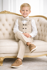 Erkek Çocuk Takım Elbise Yelekli Papyonlu 13 Yaş - Krem