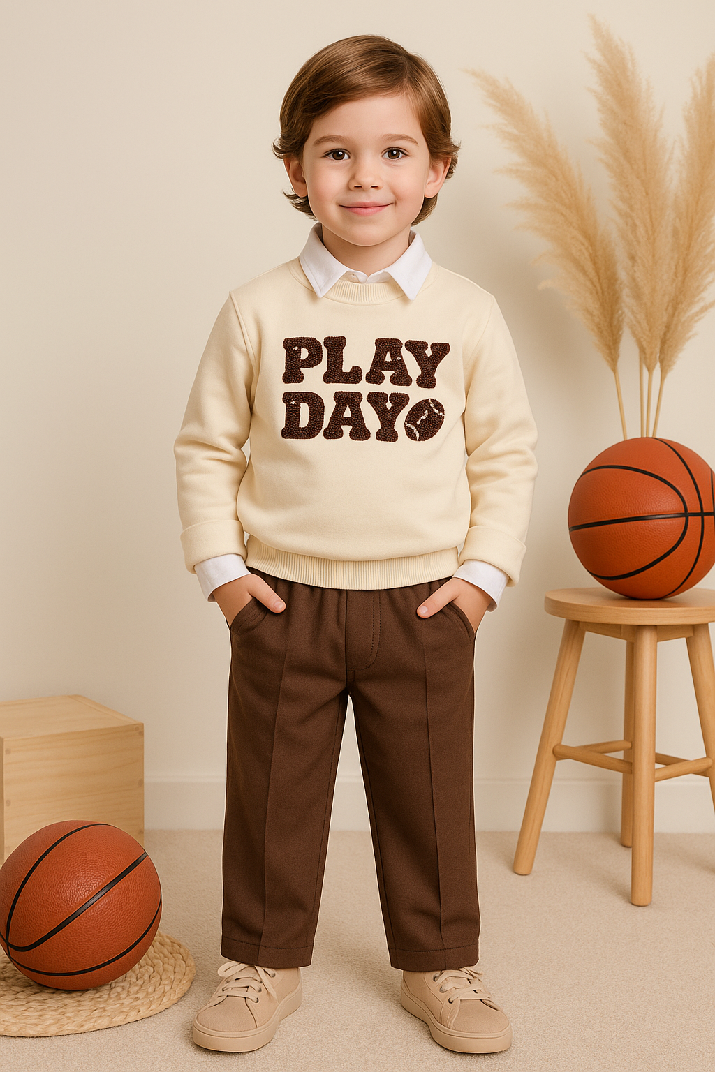 Erkek Bebek&Çocuk Play Day %100 Pamuk Gömlek Sweatshirt Pantolon 3'lü Takım Elbise Bayram
