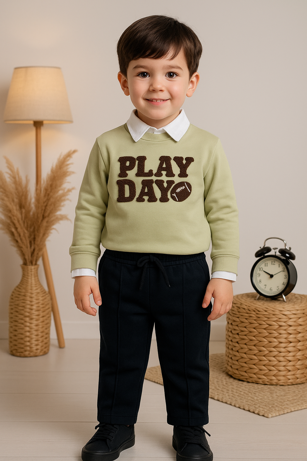 Erkek Bebek&Çocuk Play Day %100 Pamuk Gömlek Sweatshirt Pantolon 3'lü Takım Elbise Bayram 2 Yaş - Yeşil
