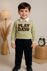 Erkek Bebek&Çocuk Play Day %100 Pamuk Gömlek Sweatshirt Pantolon 3'lü Takım Elbise Bayram 3 Yaş - Yeşil