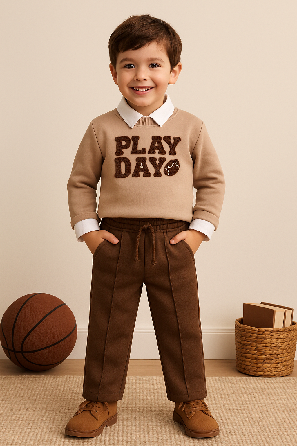 Erkek Bebek&Çocuk Play Day %100 Pamuk Gömlek Sweatshirt Pantolon 3'lü Takım Elbise Bayram 4 Yaş - Bej 