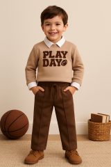 Erkek Bebek&Çocuk Play Day %100 Pamuk Gömlek Sweatshirt Pantolon 3'lü Takım Elbise Bayram 8 Yaş - Bej 
