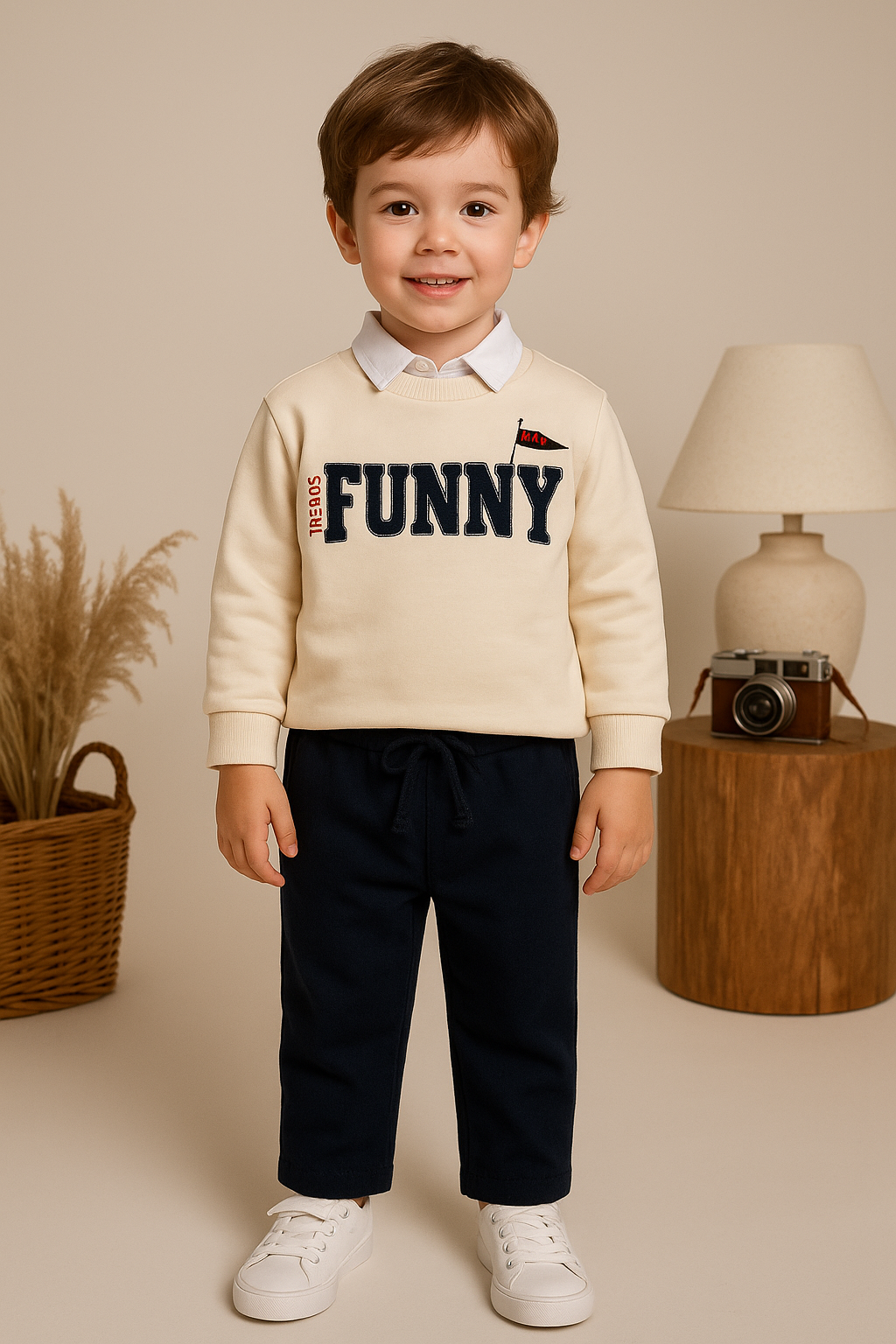 Erkek Bebek&Çocuk Funny Nakışlı Sweatshirt Gömlek Pantolon Spor 3'lü Takım