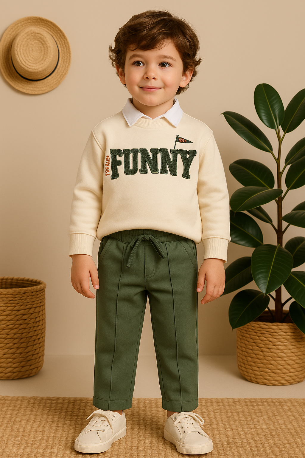 Erkek Bebek&Çocuk Funny Nakışlı Sweatshirt Gömlek Pantolon Spor 3'lü Takım 1 Yaş - Haki