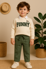 Erkek Bebek&Çocuk Funny Nakışlı Sweatshirt Gömlek Pantolon Spor 3'lü Takım 5 Yaş - Haki