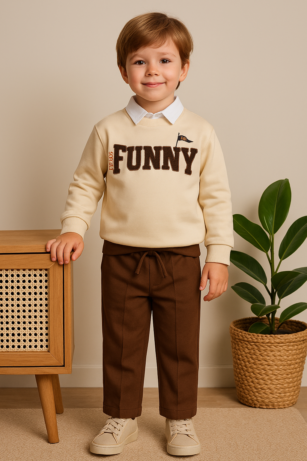 Erkek Bebek&Çocuk Funny Nakışlı Sweatshirt Gömlek Pantolon Spor 3'lü Takım 1 Yaş - Kahverengi