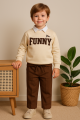 Erkek Bebek&Çocuk Funny Nakışlı Sweatshirt Gömlek Pantolon Spor 3'lü Takım 6 Yaş - Kahverengi