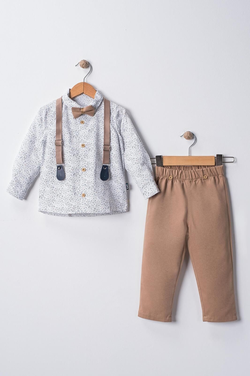 Mevsimlik Bebek&Çocuk Salopet Takım Gömlek Pantolon Papyon 12-18 Ay - Camel