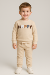 %100 Pamuk Bebek Waffle Happy Nakışlı 2'li Takım 2-3 Yaş - Bej 