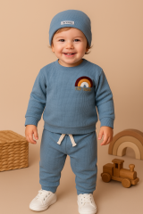 %100 Pamuk Bebek&Çocuk Gökkuşağı Nakışlı Bereli 3'lü Takım