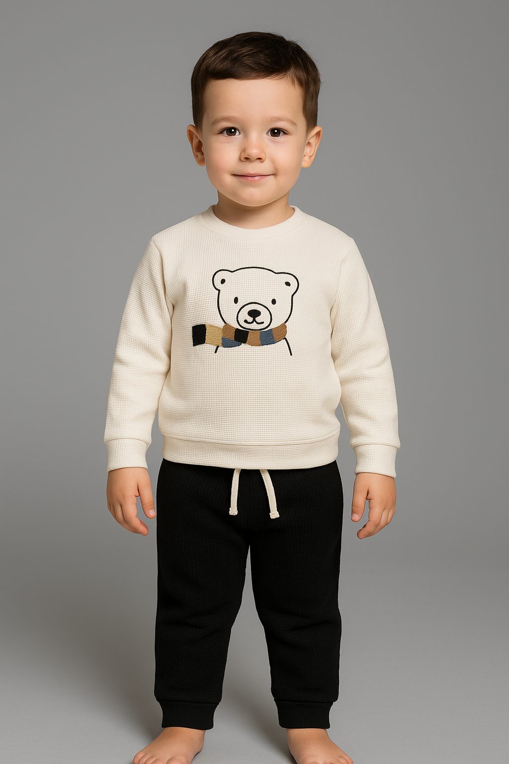 Erkek Bebek&Çocuk Waffle Bear Nakışlı %100 Pamuk 2'li Takım