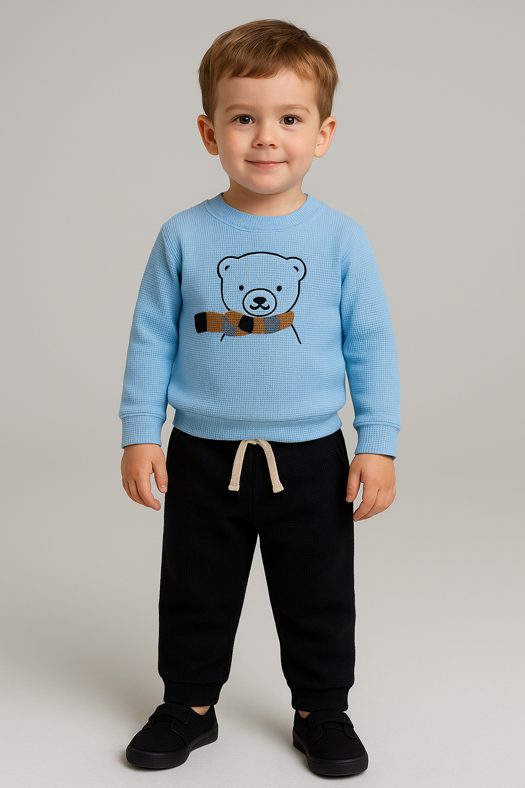 Erkek Bebek&Çocuk Waffle Bear Nakışlı %100 Pamuk 2'li Takım 2-3 Yaş - Mavi