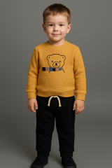 Erkek Bebek&Çocuk Waffle Bear Nakışlı %100 Pamuk 2'li Takım 6-9 Ay - Hardal