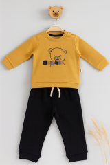 Erkek Bebek&Çocuk Waffle Bear Nakışlı %100 Pamuk 2'li Takım 6-9 Ay - Hardal