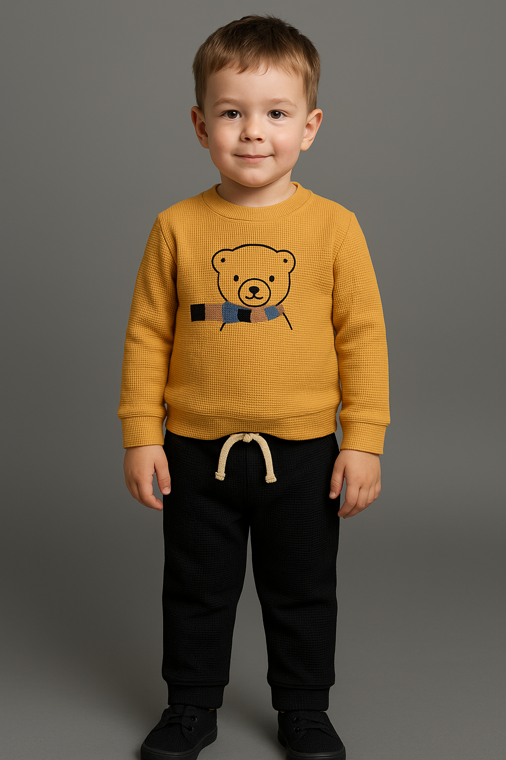 Erkek Bebek&Çocuk Waffle Bear Nakışlı %100 Pamuk 2'li Takım 12-18 Ay - Hardal