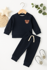 %100 Pamuk Bebek&Çocuk Ayıcık Desenli 2'li Takım 6-9 Ay - Siyah