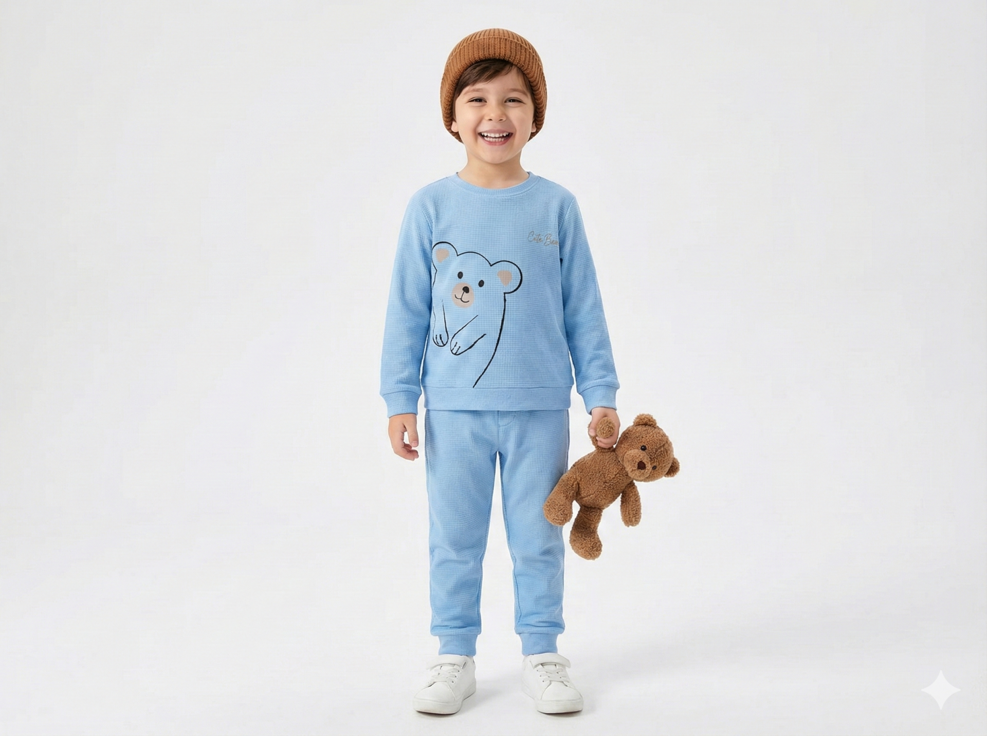 %100 Pamuk Cute Bear 2'li Bebek Takımı 4-5 yaş - Mavi