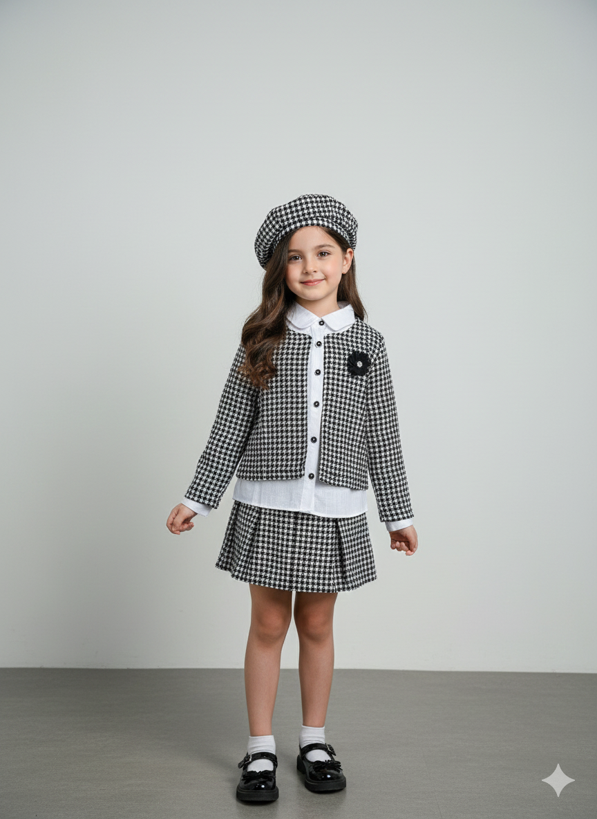 Kız Çocuk Kazayağı Desenli Pamuklu Ceket Gömlek Etek Bere 4'lü Takım Elbise (Külotlu Çorap Hediyeli)