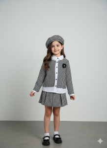 Kız Çocuk Kazayağı Desenli Pamuklu Ceket Gömlek Etek Bere 4'lü Takım Elbise (Külotlu Çorap Hediyeli)