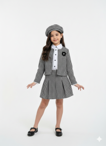 Kız Çocuk Kazayağı Desenli Pamuklu Ceket Gömlek Etek Bere 4'lü Takım Elbise (Külotlu Çorap Hediyeli)