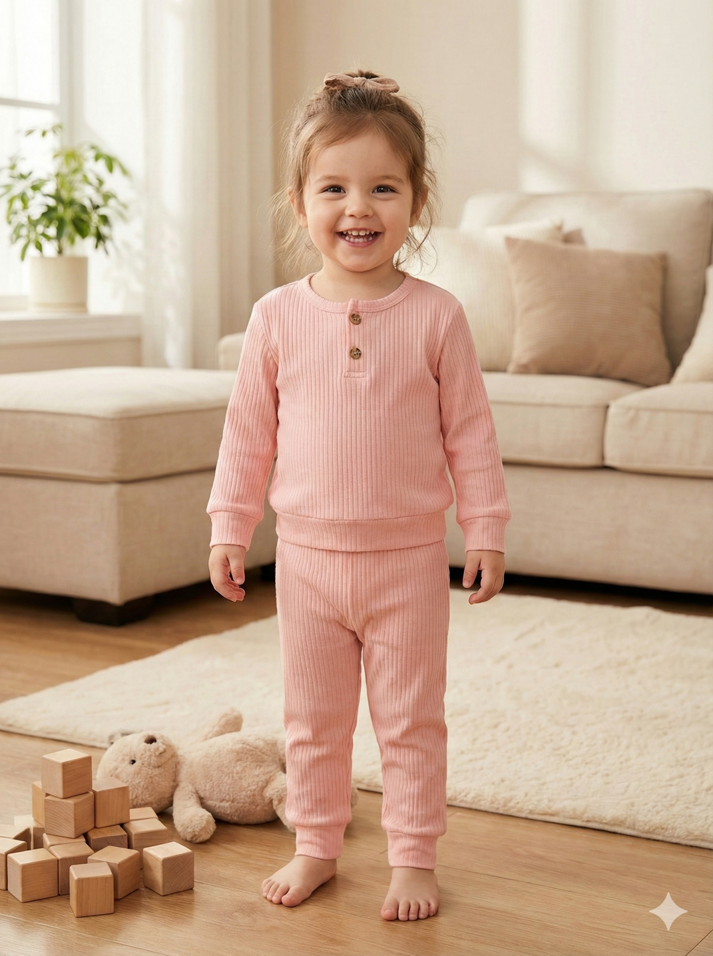 %100 Pamuk Düğme Detaylı Kız Bebek Takımı