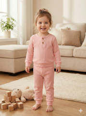 %100 Pamuk Düğme Detaylı Kız Bebek Takımı